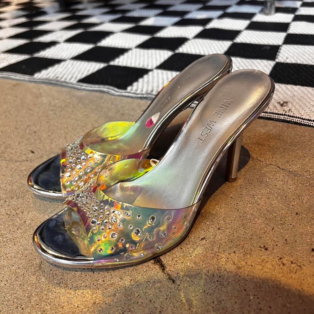 Vintage Y2K Nine West Silver Holographic Diamond Studded Heels Size 6.5 - Picture 6 of 7